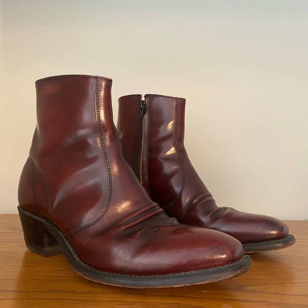 Men’s 1970’s Sears Rusty Brown Leather Western Side Zip Square Toe Heeled Boot